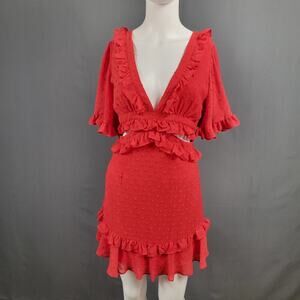 Selfie Leslie Red Mini Dress XS Swiss Dot Ruffle Cutout Partywear